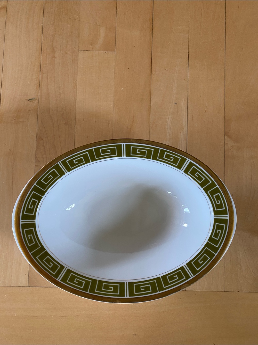 Sango White and Olive Green Greek Key Serving Bowl- Discontinued Pattern